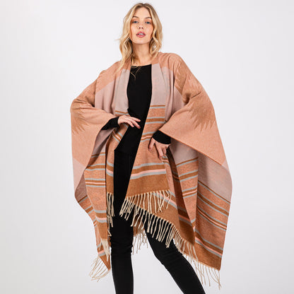 Aztec Pattern Fringe Ruana Poncho