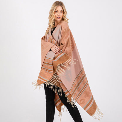 Aztec Pattern Fringe Ruana Poncho