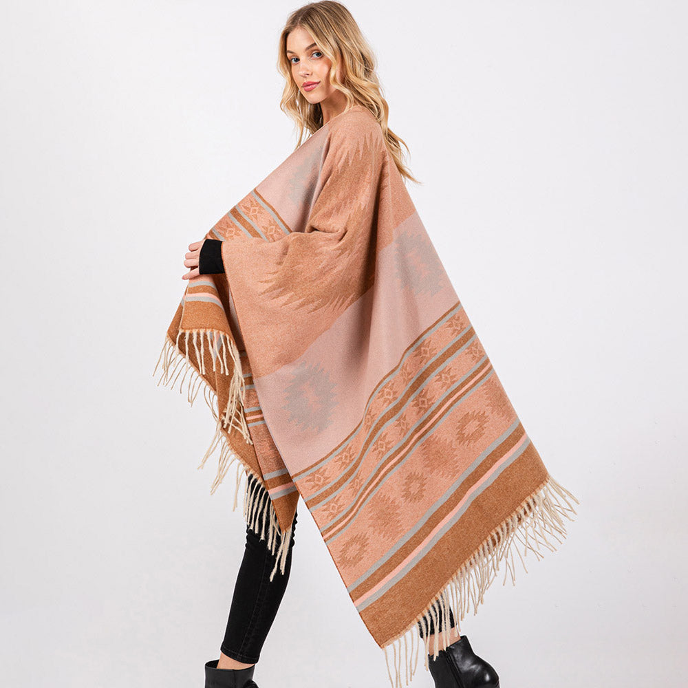 Aztec Pattern Fringe Ruana Poncho