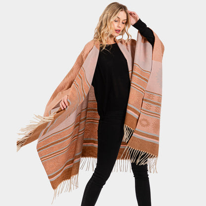 Aztec Pattern Fringe Ruana Poncho