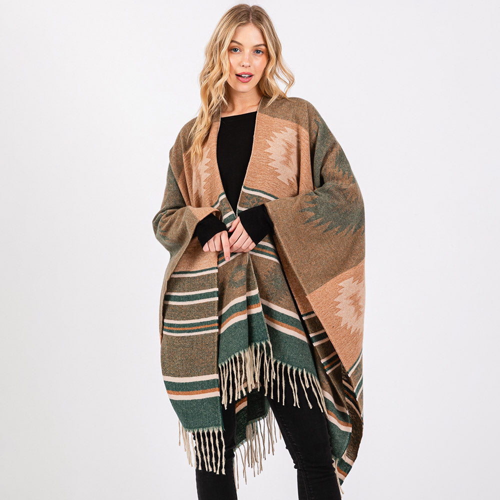 Aztec Pattern Fringe Ruana Poncho