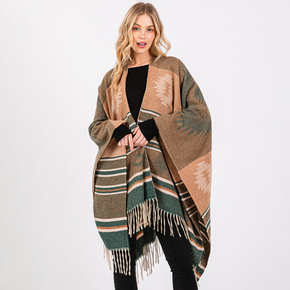 Aztec Pattern Fringe Ruana Poncho