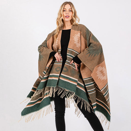 Aztec Pattern Fringe Ruana Poncho