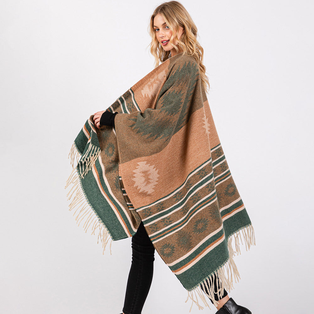 Aztec Pattern Fringe Ruana Poncho