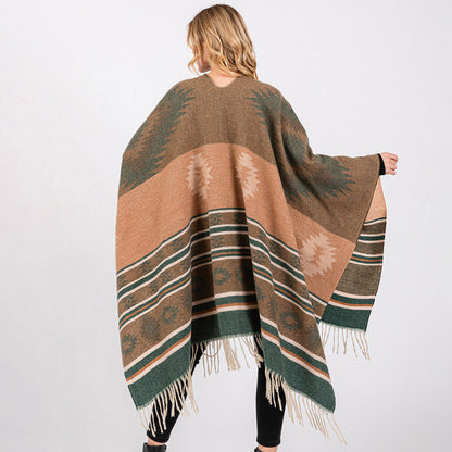 Aztec Pattern Fringe Ruana Poncho