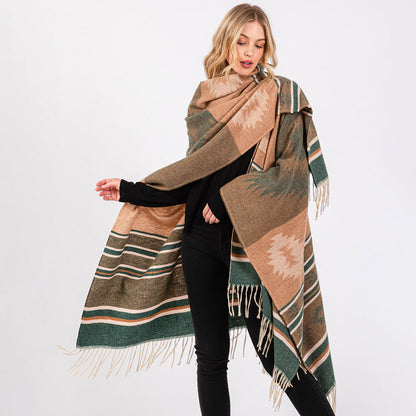 Aztec Pattern Fringe Ruana Poncho