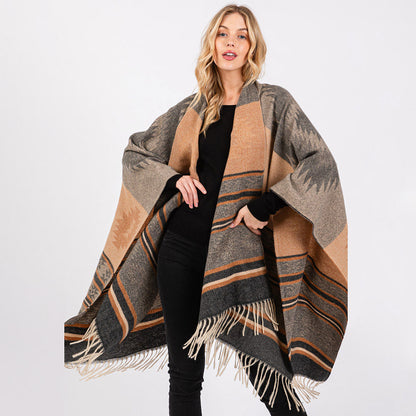 Aztec Pattern Fringe Ruana Poncho