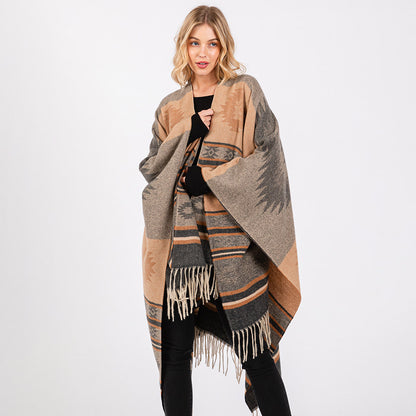 Aztec Pattern Fringe Ruana Poncho