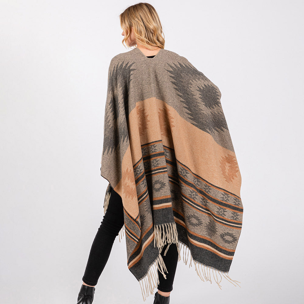 Aztec Pattern Fringe Ruana Poncho