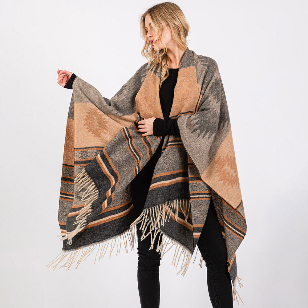 Aztec Pattern Fringe Ruana Poncho