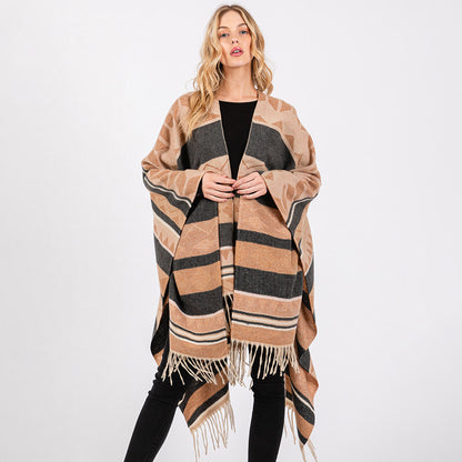 Aztec Pattern Fringe Ruana Poncho