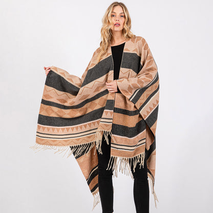 Aztec Pattern Fringe Ruana Poncho