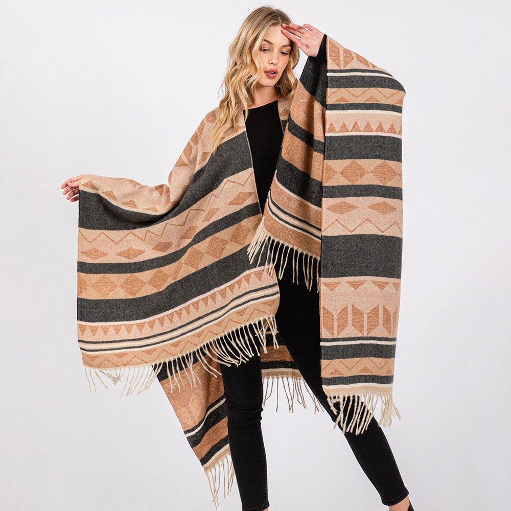 Aztec Pattern Fringe Ruana Poncho