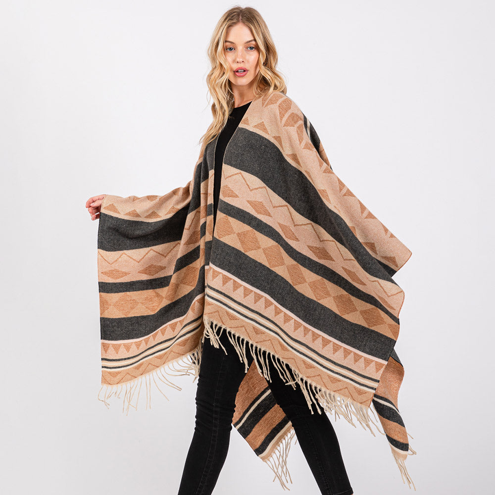 Aztec Pattern Fringe Ruana Poncho