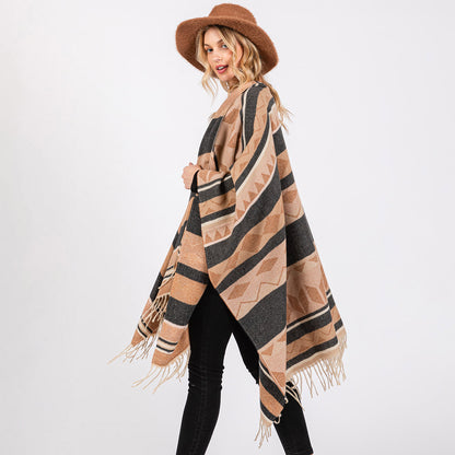 Aztec Pattern Fringe Ruana Poncho