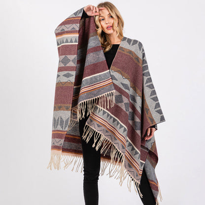 Aztec Pattern Fringe Ruana Poncho