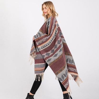 Aztec Pattern Fringe Ruana Poncho