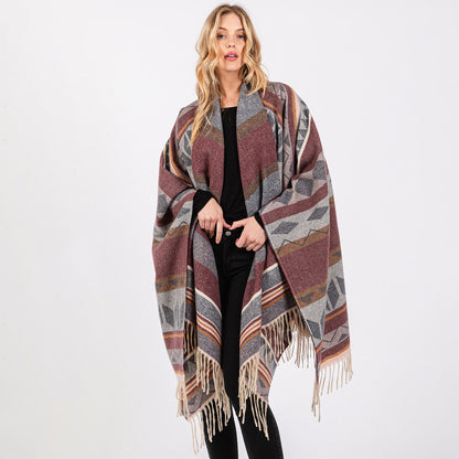 Aztec Pattern Fringe Ruana Poncho