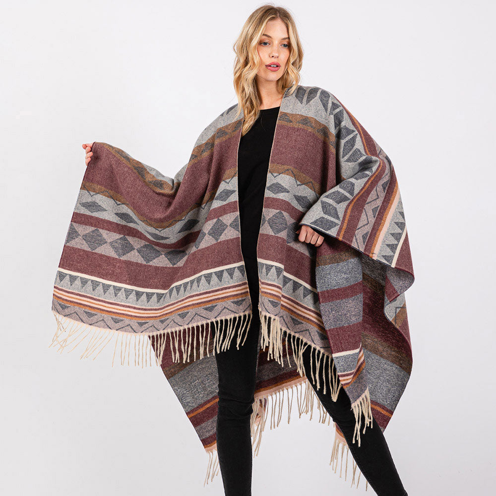 Aztec Pattern Fringe Ruana Poncho