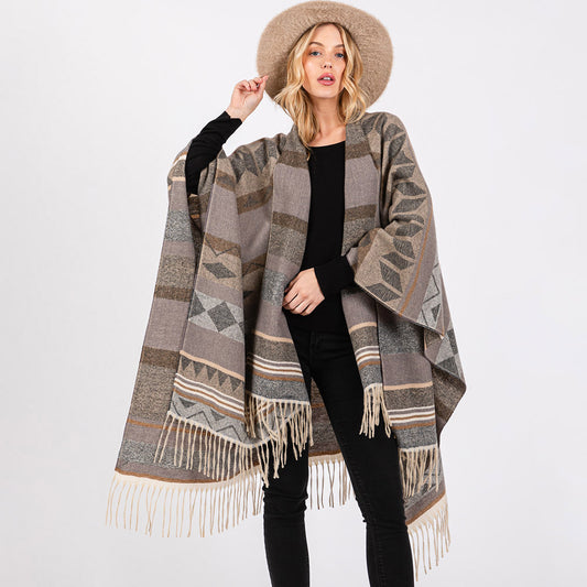 Aztec Pattern Fringe Ruana Poncho