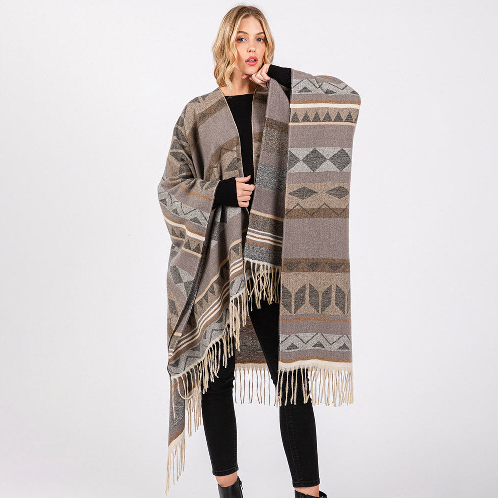 Aztec Pattern Fringe Ruana Poncho