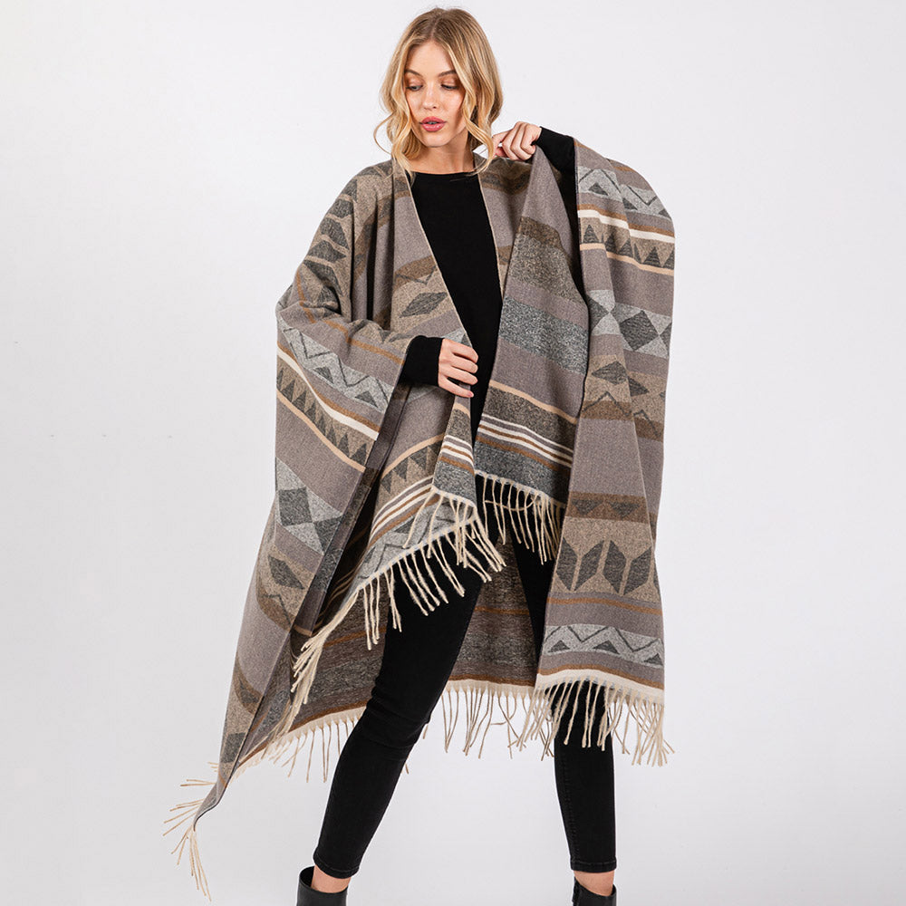 Aztec Pattern Fringe Ruana Poncho