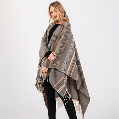 Aztec Pattern Fringe Ruana Poncho