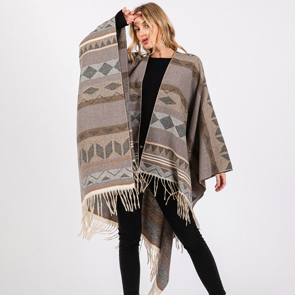 Aztec Pattern Fringe Ruana Poncho