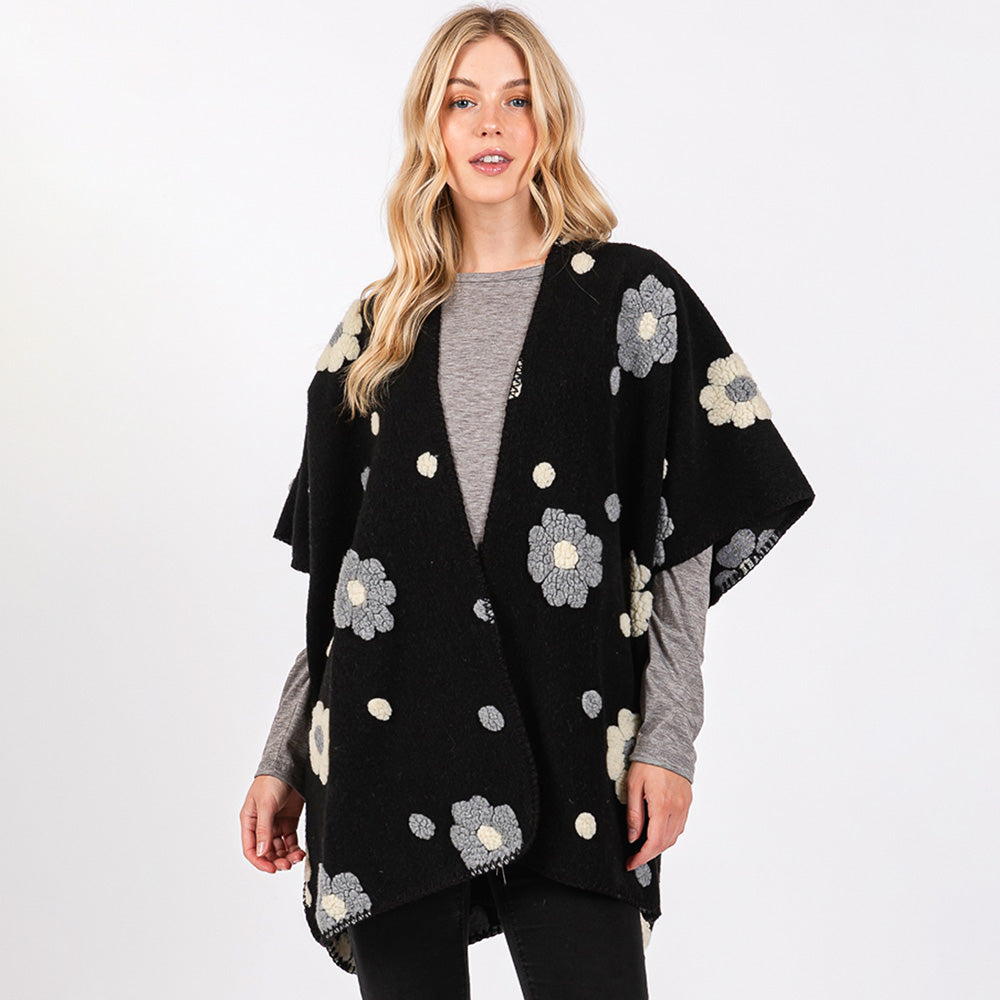 Fleece Flower Detailed Kimono Poncho