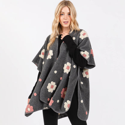 Fleece Flower Detailed Kimono Poncho