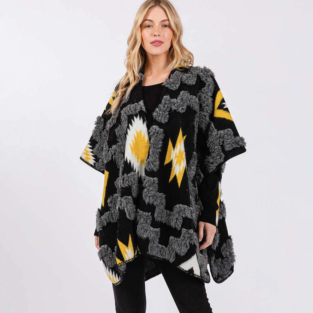 Fuzzy Aztec Pattern Kimono Poncho