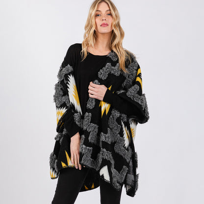 Fuzzy Aztec Pattern Kimono Poncho