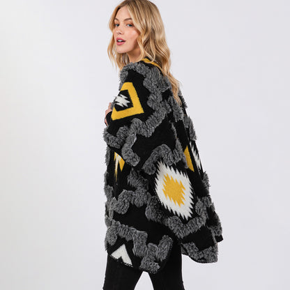 Fuzzy Aztec Pattern Kimono Poncho