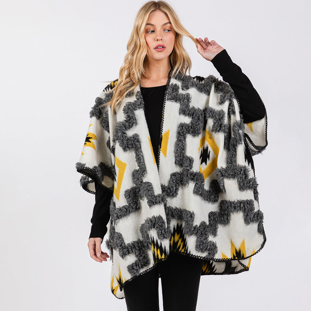 Fuzzy Aztec Pattern Kimono Poncho