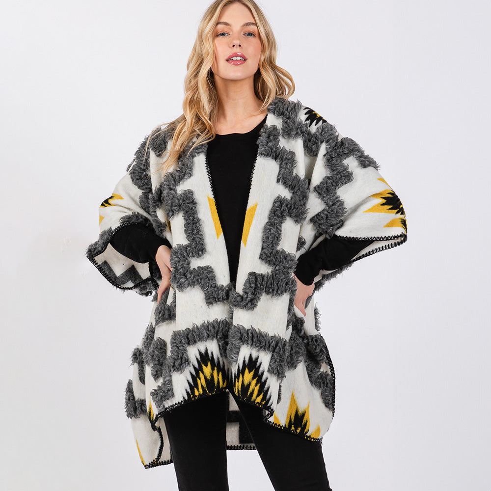 Fuzzy Aztec Pattern Kimono Poncho