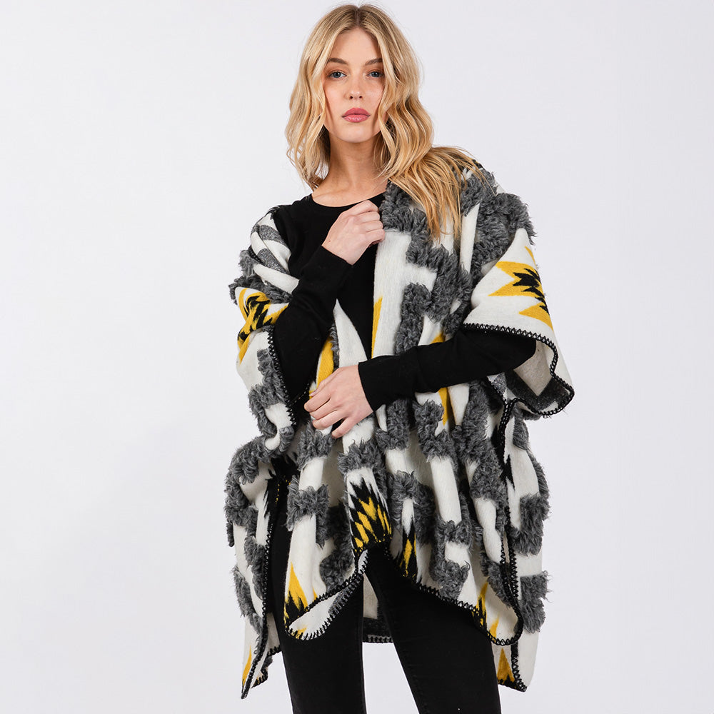 Fuzzy Aztec Pattern Kimono Poncho