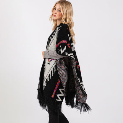 Fuzzy Aztec Pattern Tassel Knit Ruana Poncho