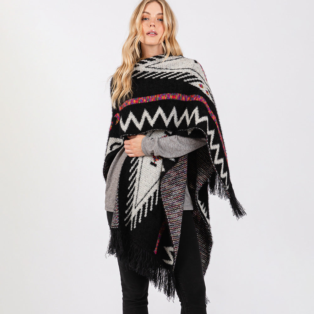 Fuzzy Aztec Pattern Tassel Knit Ruana Poncho