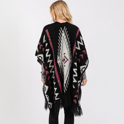 Fuzzy Aztec Pattern Tassel Knit Ruana Poncho