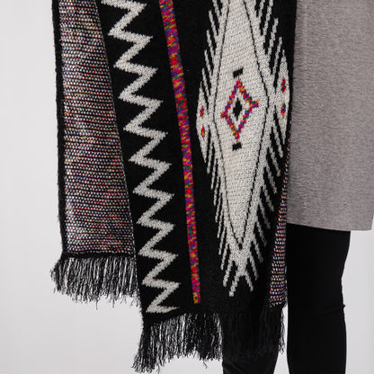 Fuzzy Aztec Pattern Tassel Knit Ruana Poncho