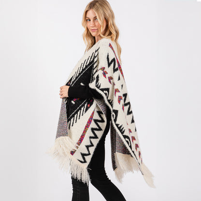 Fuzzy Aztec Pattern Tassel Knit Ruana Poncho