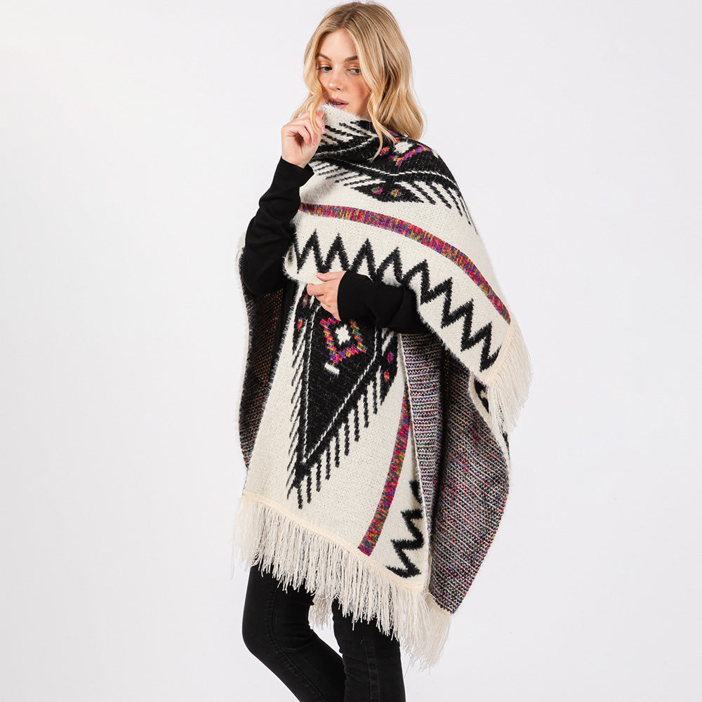 Fuzzy Aztec Pattern Tassel Knit Ruana Poncho