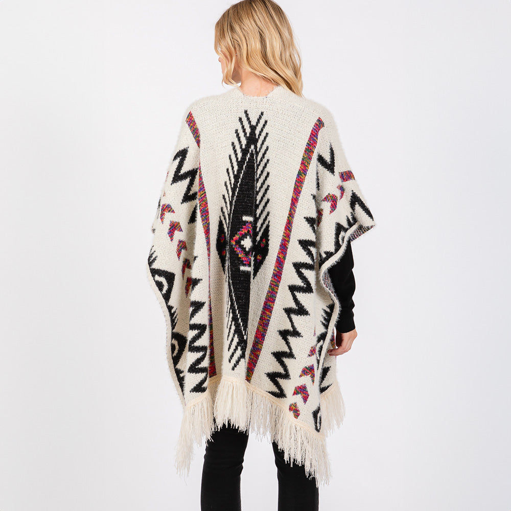 Fuzzy Aztec Pattern Tassel Knit Ruana Poncho