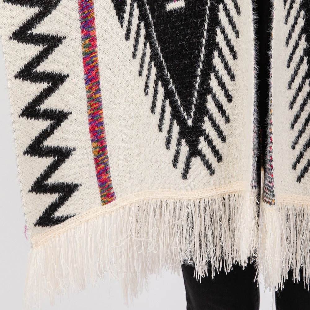 Fuzzy Aztec Pattern Tassel Knit Ruana Poncho