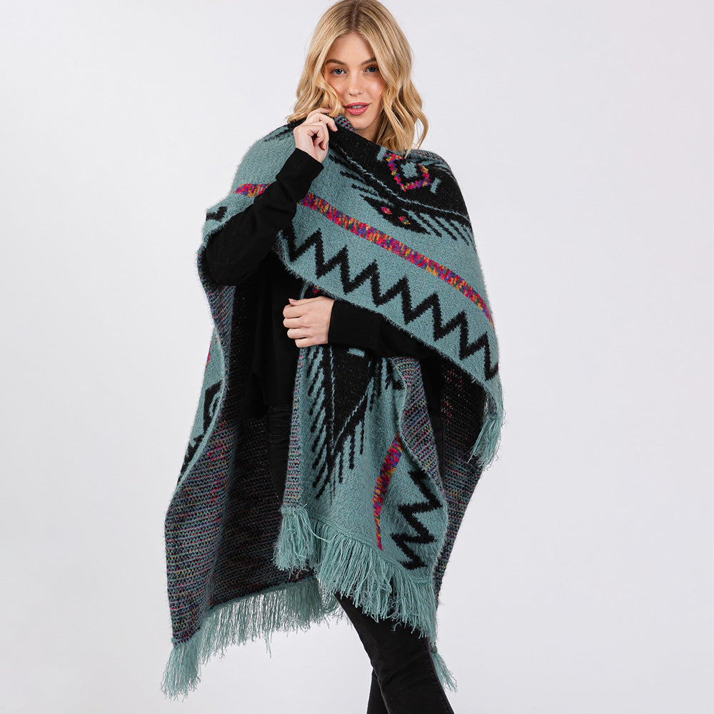 Fuzzy Aztec Pattern Tassel Knit Ruana Poncho