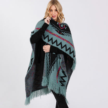 Fuzzy Aztec Pattern Tassel Knit Ruana Poncho