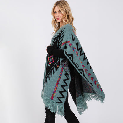 Fuzzy Aztec Pattern Tassel Knit Ruana Poncho