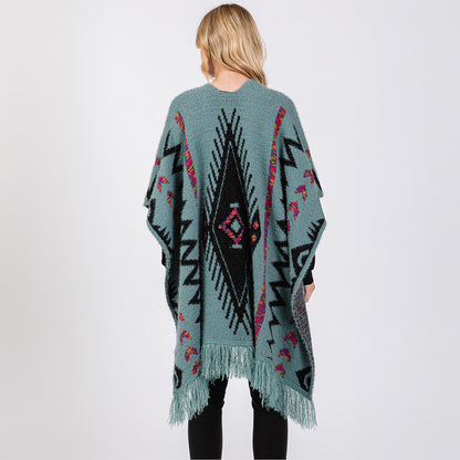 Fuzzy Aztec Pattern Tassel Knit Ruana Poncho