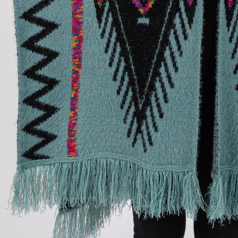 Fuzzy Aztec Pattern Tassel Knit Ruana Poncho