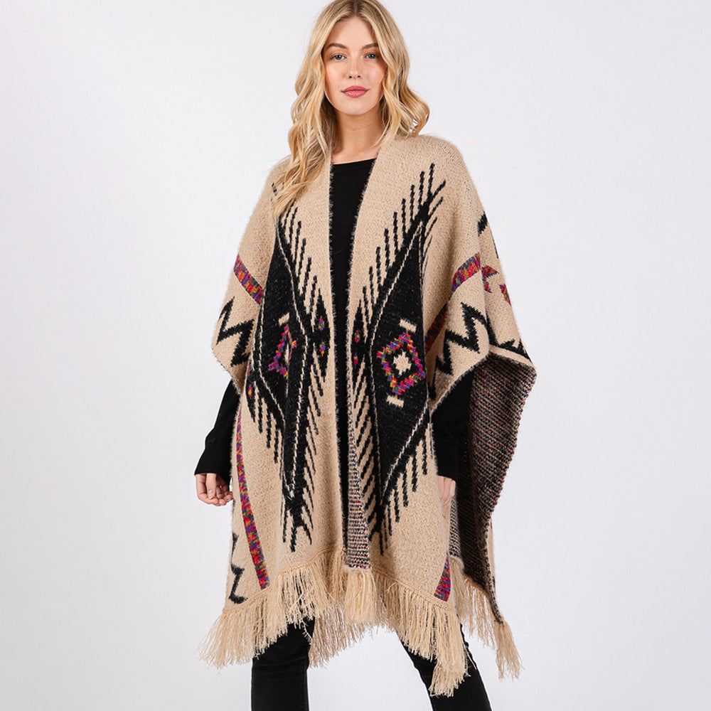 Fuzzy Aztec Pattern Tassel Knit Ruana Poncho